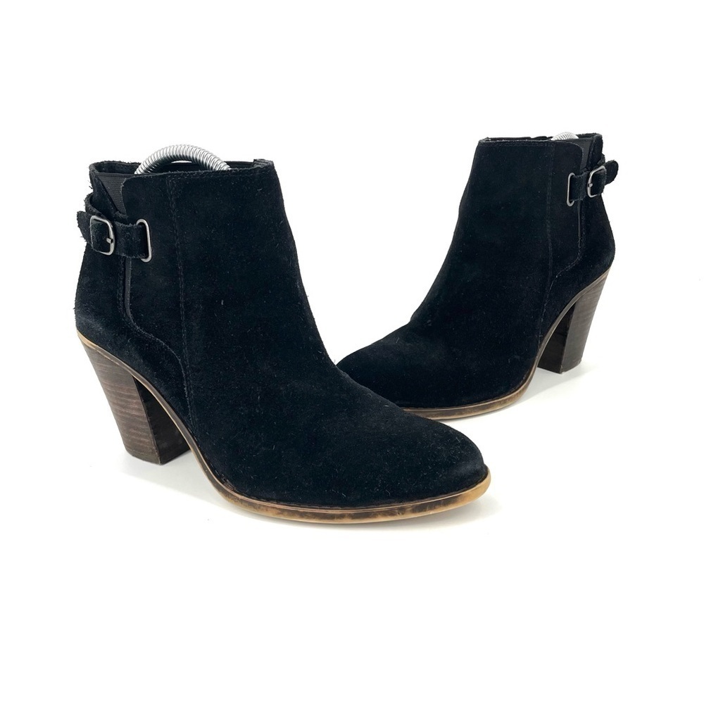 LUCKY BRAND Black Suede Buckle Ankle Boot Stacked Block Heel Bootie